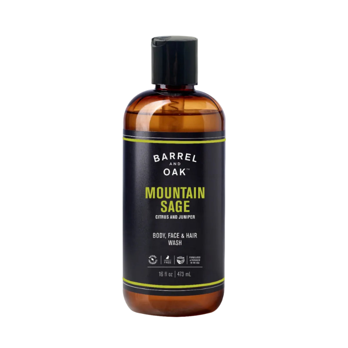 A brown plastic bottle with a black flip-top cap and label reads Barrel and Oak Hair, Face, and Body All In One Wash - Mountain Sage, 16 fl oz (473 ml), featuring citrus and juniper.