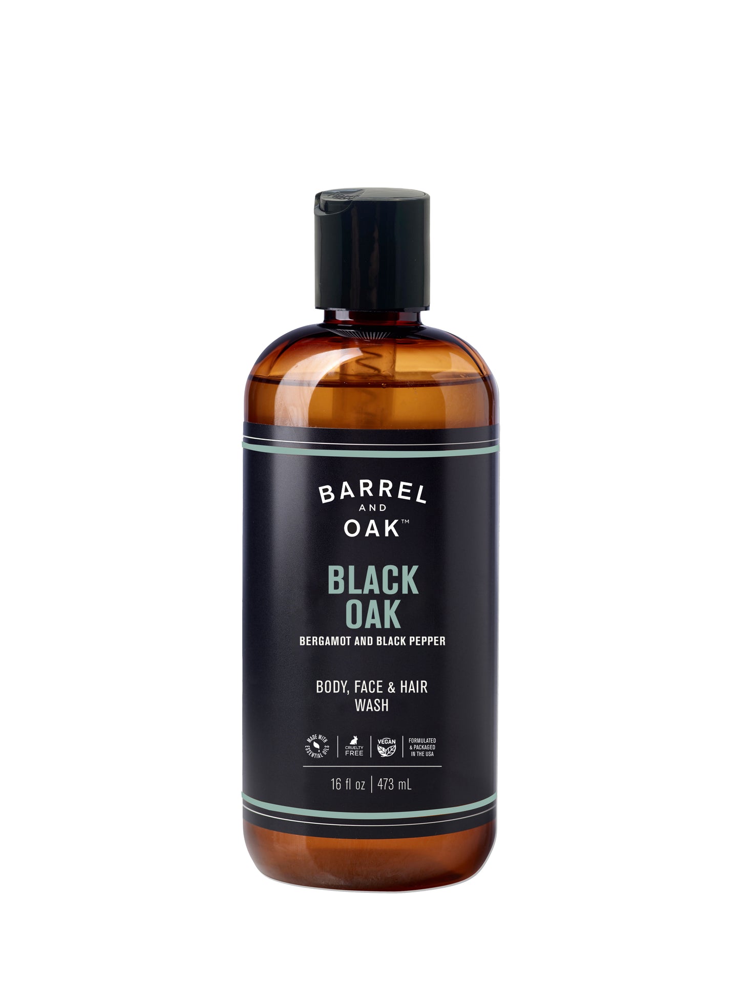 A 16 fl oz brown plastic bottle of Barrel and Oak Hair, Face, and Body All In One Wash - Black Oak, with a black cap and label featuring green and white text. This wash offers a bergamot and black pepper scent.