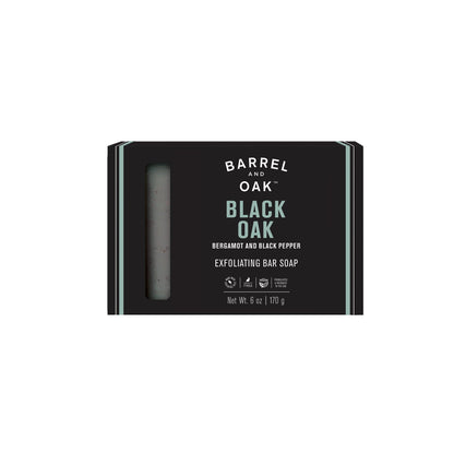 Exfoliating Bar Soap - Black Oak 6 oz. with bergamot, black pepper, and charcoal powder. Made with sustainable palm oil. Cruelty-free and vegan. Net Wt. 6 oz | 170 g.