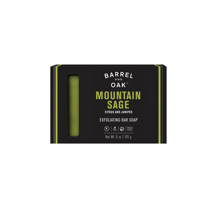 Exfoliating Soap Bar - Mountain Sage 6 oz.: Features citrus, juniper, and kaolin clay. Made with vegan ingredients, sustainable palm oil, and is cruelty free. Net Wt. 6 oz | 170 g.