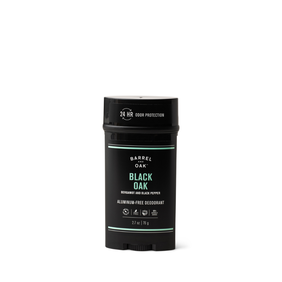 Barrel Oak Aluminum Free Deodorant – Black Oak 2.7 oz., with bergamot & black pepper oils, offers 24-hour odor protection, is cruelty-free, and is shown as a black stick on a white background.