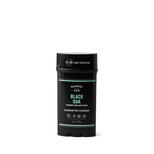 Barrel Oak Aluminum Free Deodorant – Black Oak 2.7 oz., with bergamot & black pepper oils, offers 24-hour odor protection, is cruelty-free, and is shown as a black stick on a white background.
