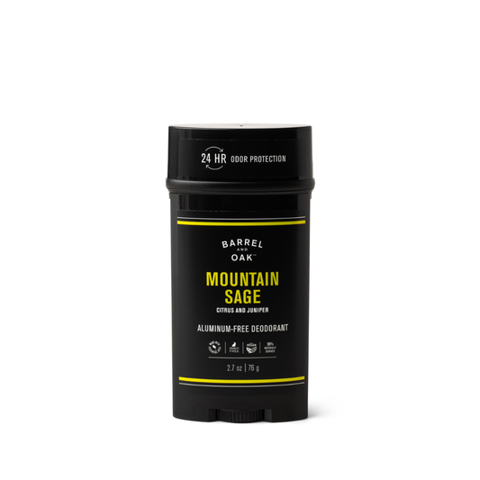 The Aluminum Free Deodorant - Mountain Sage 2.7 oz. offers 24 HR odor protection and a refreshing scent from citrus and juniper essential oils. This cruelty-free stick features black packaging with yellow accents.