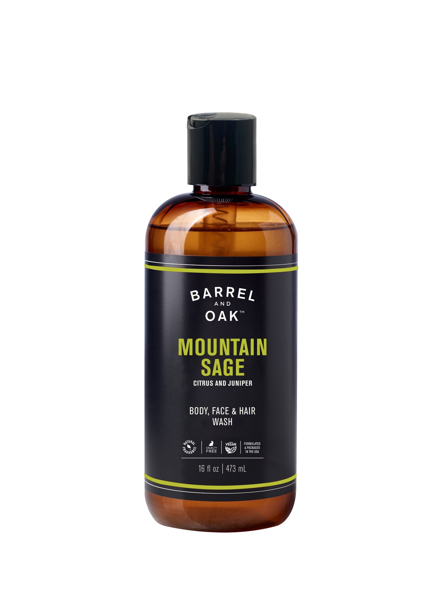 A brown plastic bottle with a black flip-top cap and label reads Barrel and Oak Hair, Face, and Body All In One Wash - Mountain Sage, 16 fl oz (473 ml), featuring citrus and juniper.