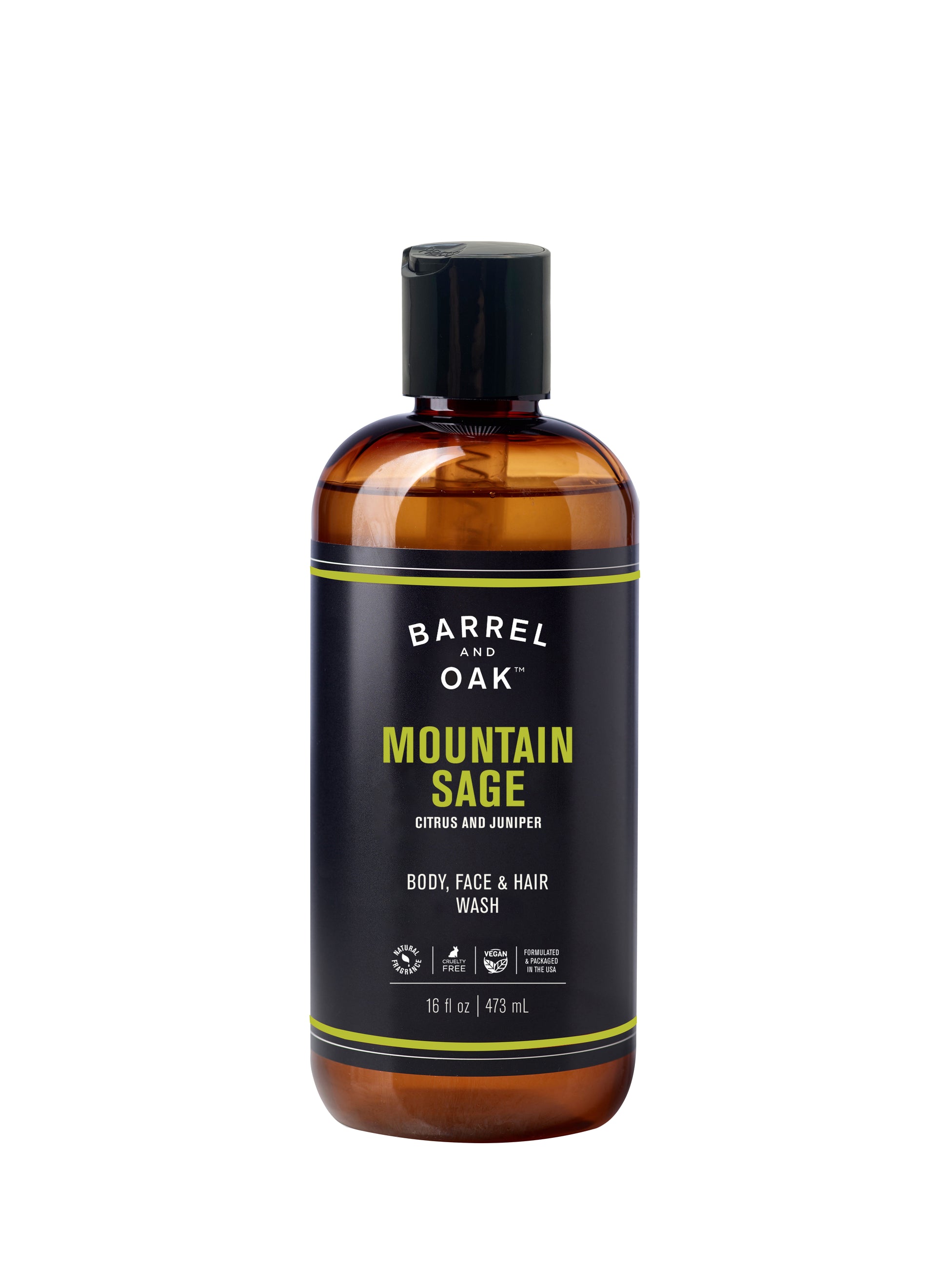 A brown plastic bottle with a black flip-top cap and label reads Barrel and Oak Hair, Face, and Body All In One Wash - Mountain Sage, 16 fl oz (473 ml), featuring citrus and juniper.